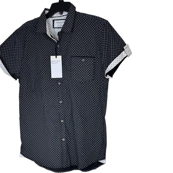 Paperdenim & Cloth Slim Fit Shirt XL Black White Geometric Short Sleeve NWT - Picture 4 of 16